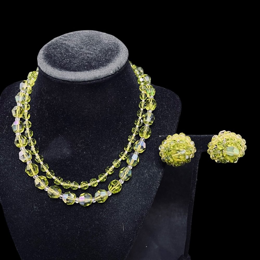 Alice Caviness Double Strand Green Glass Beaded Necklace & Clip On Earrings Set